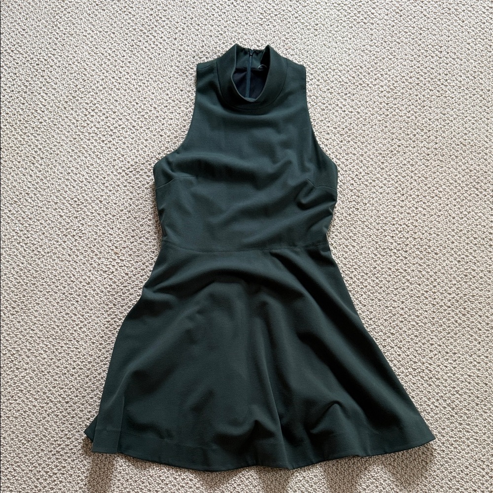 Sleeveless Mock Neck Fit-and-Flare Dress in Dark Green